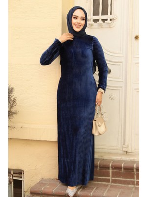 Pileli Lacivert Kadife Tesettür Elbise 17120L