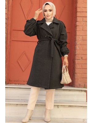 Kemerli Füme Kaşe Tesettür Kaban 61102FU