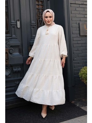 Kat Piliseli Krem Tesettür Elbise 19046KR