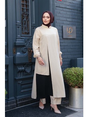 Blok Renk Detaylı Bej Tesettür Ikili Takım 65881BEJ