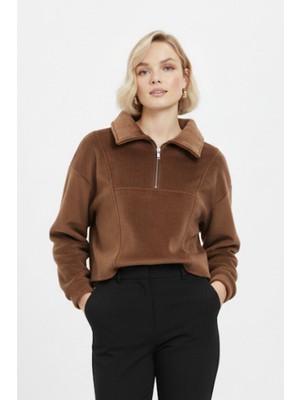 Rays Taba Kadın Peluş Yarım Fermuarlı Crop Sweatshirt 3056A