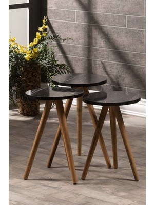 Zigon Sehpa 3 Lü Ahşap Orjinal Torna Ayak Siyah Mermer Desen