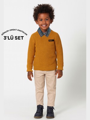 3'lü Set Hardal Triko Sweat & Pantolon & Gömlek Erkek Çocuk Takım