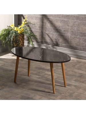 Orta Sehpa Ahşap Torna Elips Siyah Mermer Desen