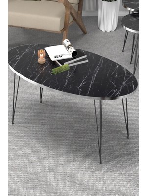 Zigon Sehpa ve Orta Sehpa Elips Set Siyah Tel Ayak Gümüş Bendir