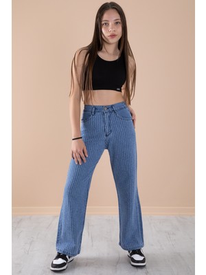 Mavi Geniş Paça Desenli Kız Çocuk Beli Lastikli Jean Pantolon 20274