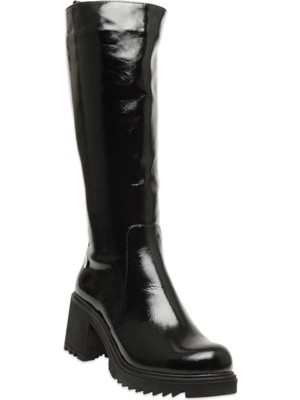 Mammamia D25KC-2330 Kalin Topuklu Günlük Siyah Rugan Kadın Çizme