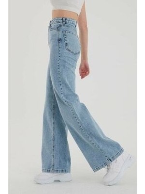 Makras Exclusive 90's Kar Yıkama Mavi Likralı Kadın Palazzo Pantolon Geniş Paça Denim Kumaş Trend Model