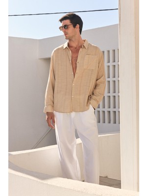 Oversize Çizgili Uzun Kollu Keten Gömlek Vizon