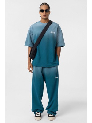 Yıkamalı Oversize Baskılı Eşofman Takım Petrol