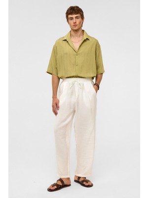 Oversize Çizgili Kısa Kollu Modal Kumaş Gömlek Yeşil