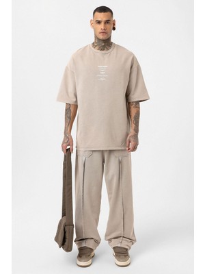 Yıkamalı Baskılı Oversize Eşofman Takım Soğuk Vizon