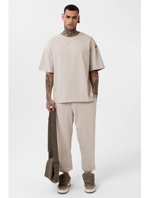 Paça Lastikli Basic Oversize Eşofman Takımı Bej