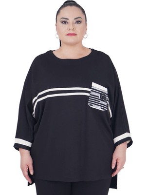 Kadın Büyük Beden Beyaz Şeritli Siyah Spor Şık Bluz