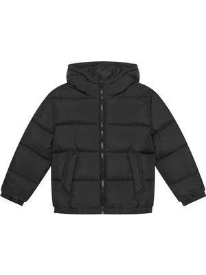 United Colors of Benetton Erkek Çocuk Siyah Kapüşonlu Kalın Mont Uzun Kol Düz Desenli