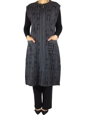 Önü Fermuarlı Desenli Cepli Kalın Kışlık Yelek