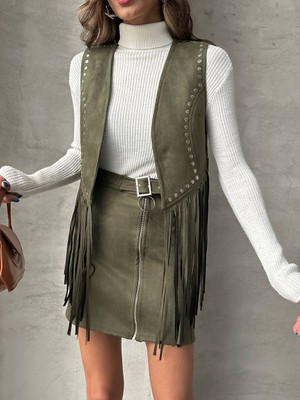 Taş Baskı Detaylı Püsküllü Süet Yelek