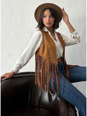 Taş Baskı Detaylı Püsküllü Süet Yelek