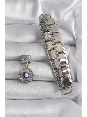 316L Çelik Gümüş Renk Sallantı Zirkon Taşlı Göz Model Nazar Boncuk Detay Nomination Charm - Lisinya