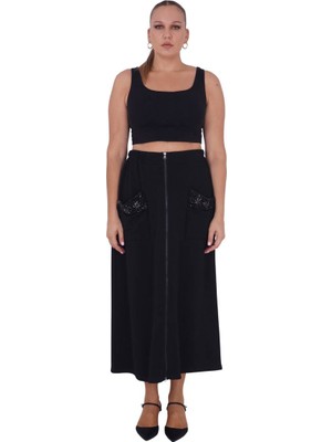 Kadın Büyük Beden Siyah Dokuma Cepli Şık Battal Etek