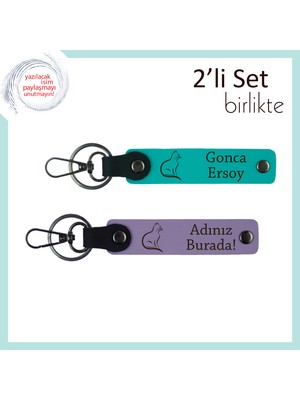 Tatlı Patilere Saygı Hediyesi, Kedili Temalı, Kişisel Yazılı Deri Anahtarlık Seti, Koyu Turkuaz-Mor