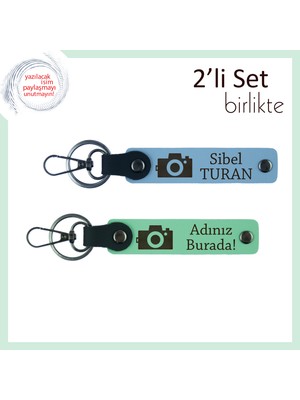 Sevgiliye Romantik Anılar Için Armağan, Fotoğraf Desenli Kişisel Deri Takım, Gök Mavi-Açık Yeşil