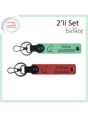 Sokaktaki Kedilere Saygı Hediyesi, Isme Özel Yazılı, Kedili Deri Anahtarlık, Açık Yeşil-Nar Çiçeği