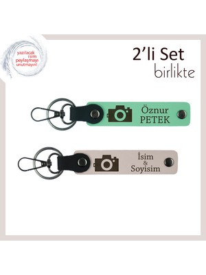 Kız Sevgiliye Romantik Fotoğraf Temalı Armağan, Kişisel Deri Anahtarlık Takımı, Açık Yeşil-Pudra