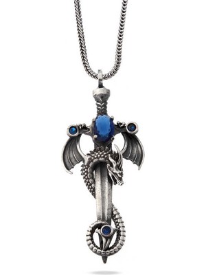 925 Ayar Gümüş Safir Taşlı Ejderha Erkek Kılıç Kolye