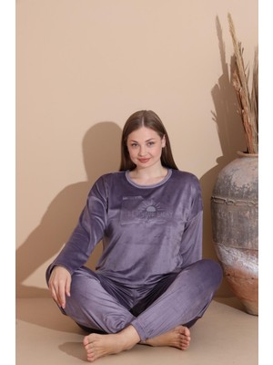 Boyraz Kadın Kışlık Fransız Kadife Büyük Beden Bisiklet Yaka Uzun Kol Pijama Takımı 03139 - 1 Adet