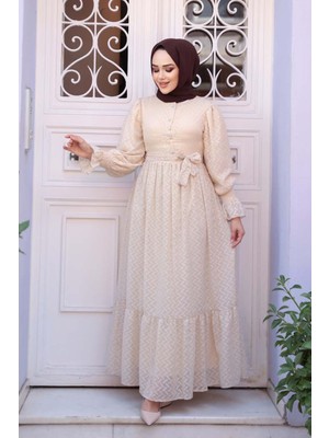 Düğmeli Bej Tesettür Elbise 13902BEJ