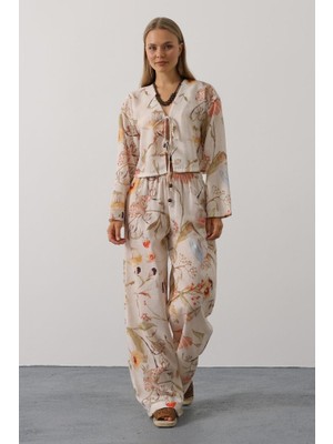 Çiçek Desen Önü Bağlamalı Pantolon Takım - Taş