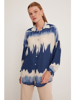 Hiccup Kadın BDART Büyük Beden Abstrakt Dokuma Uzun Kollu Gömlek Düğmeli Lacivert