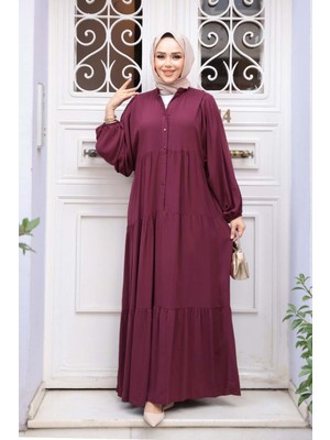 Kat Piliseli Mürdüm Tesettür Elbise 20612MU