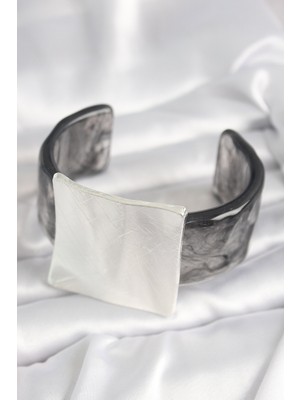 Siyah Mermer Desen Akrilik Plastik Gümüş Kare Plaka Model Vintage Kadın Bilezik - Lisinya