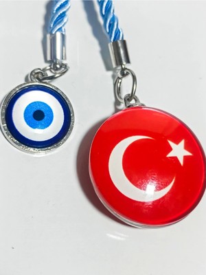 Türk Bayraklı Cam Boncuklu ve Nazar Boncuklu Anahtarlık