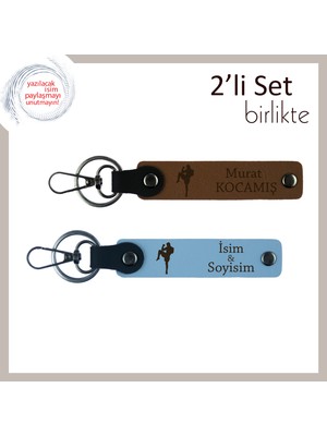 Tekvando Temalı Hediye, Kişisel Yazılabilir Kalıcı Deri Anahtarlık Seti, Açık Kahve-Gök Mavi