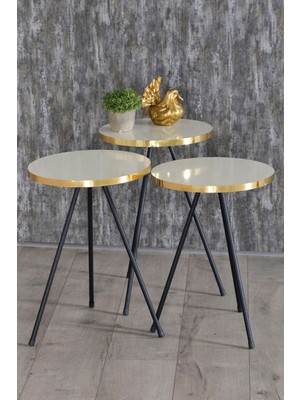 Zigon Sehpa 3 Lü Siyah Metal Ayak Altın Krem