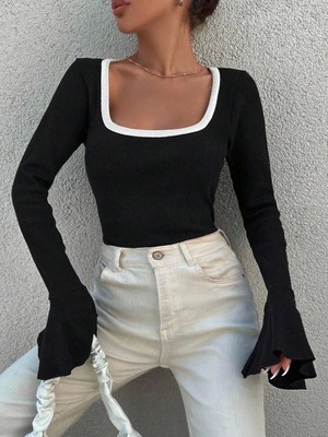 Kare Yaka Garni Detay Ispanyol Kol Bluz Siyah A3105