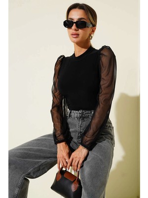 Dik Yaka Tül Kollu Bluz Siyah T3066