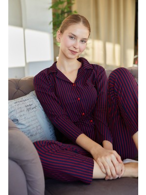 Çizgili Gömlek Yaka Süet Pijama Takımı