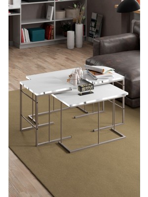 Orta Sehpa ve Zigon Sehpa Solo Set Gümüş Beyaz