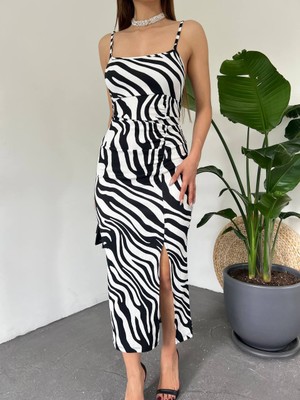 Aisha Elbise Kadın Zebra Baskılı Omuz Askılı Sırt Dekolteli Yırtmaç Detay Elbise