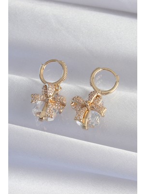 Pirinç Gold Renk Iri Zirkon Taşlı Fiyonk Model Halka Küpe - Lisinya