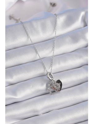 316L Çelik Gümüş Renk Zirkon Taşlı Sonsuzluk Kalp Figür Charm Model Kadın Kolye - Lisinya