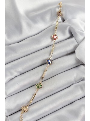 Pirinç Gold Renk Karışık Renk Yonca Zirkon Taşlı Kadın Bileklik - Lisinya