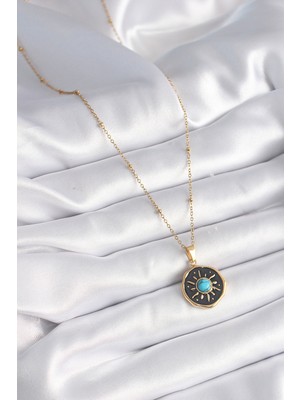 316L Çelik Gold Renk Mavi Boncuk Güneş Işleme Madalyon Model Kadın Kolye - Lisinya