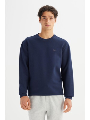 Regular Fit Normal Kesim Bisiklet Yaka Baskılı Lacivert Sweatshirt