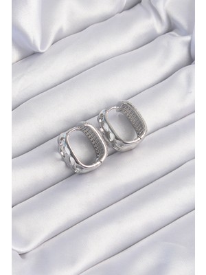 Pirinç Gümüş Renk Zirkon Taşlı Minimal Halka Küpe - Lisinya