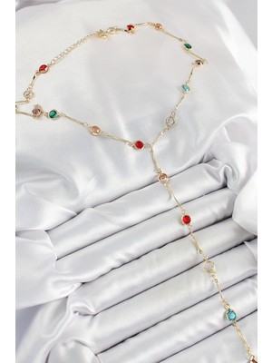 Pirinç Asorti Model Gold Renk Zirkon Taşlı Y Kolye - Lisinya